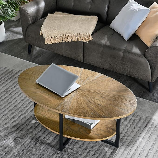 Solid Wood Oval Coffee Table with Cross Metal Legs, 43.3in Modern Industrail Center Table with Open Shelf Cocktail Tea Table for Living Room Bedroom, Rustic Nature 1811 - LeafyLoom