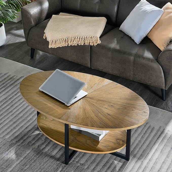 Solid Wood Oval Coffee Table with Cross Metal Legs, 43.3in Modern Industrail Center Table with Open Shelf Cocktail Tea Table for Living Room Bedroom, Rustic Nature 1811 - LeafyLoom