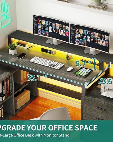 YITAHOME L Shaped Desk with 3 Drawers, 65" Corner Computer Desk with Power Outlets & LED Lights, L-Shaped Desk with File Cabinet & Printer Stand for Home Office, Grey - LeafyLoom