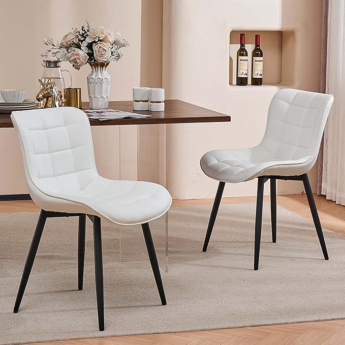 YOUTASTE White Dining Chairs Set of 2 PU Leather Upholstered Modern Armless Dining Room Chair with Back Metal Legs Kitchen Dinner Accent Guest Chairs for Vanity Reception Waiting Room - LeafyLoom