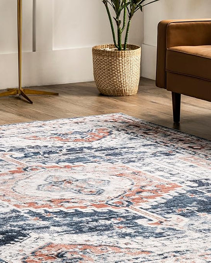 nuLOOM Evette Traditional Medallion Machine Washable Ultra Thin Area Rug, 5' x 8', Navy - LeafyLoom