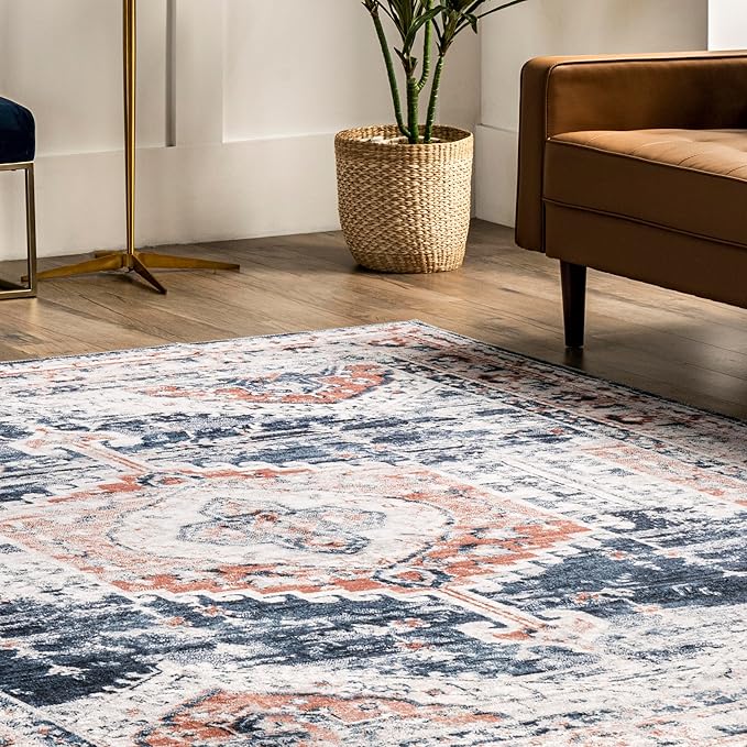 nuLOOM Evette Traditional Medallion Machine Washable Ultra Thin Area Rug, 5' x 8', Navy - LeafyLoom