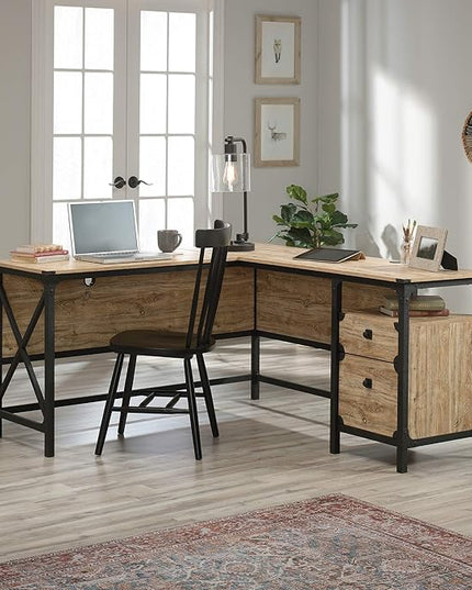 Sauder Steel River L-Shaped Desk, L: 59.84" x W: 57.32" x H: 29.53", Milled Mesquite Finish & Steel River Pedestal File Cabinet, L: 20.87" x W: 23.86" x H: 26.58", Milled Mesquite Finish - LeafyLoom