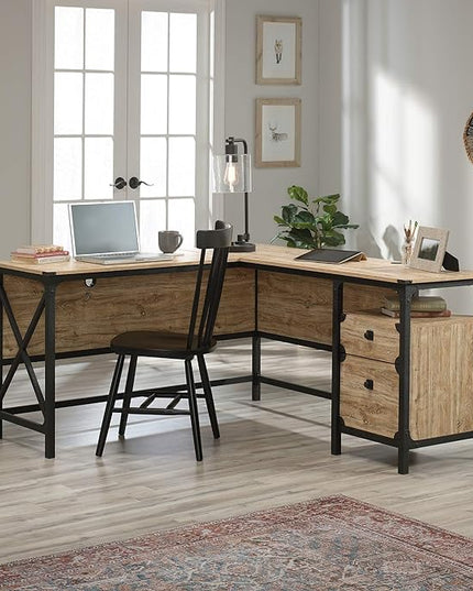 Sauder Steel River L-Shaped Desk (59.84" x 57.32" x 29.53") Steel River Lateral File (30.08" x 20.75" x 29.53") Bundle, Milled Mesquite Finish - LeafyLoom