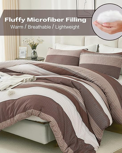 Litanika Brown Comforter Set California King - 3 Pieces Lightweight Brown White Colorblock Stripe Fluffy Bedding Comforter Sets, All Season Bed Set - LeafyLoom