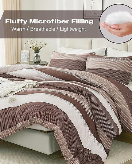 Litanika Brown Comforter Set Twin/Twin XL - 2 Pieces Lightweight Brown White Colorblock Stripe Fluffy Bedding Comforter Sets, All Season Bed Set - LeafyLoom
