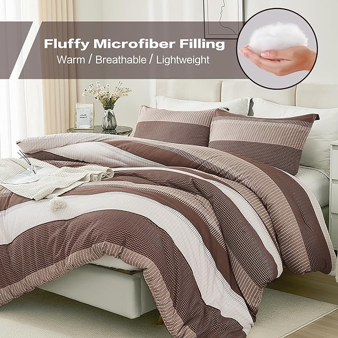 Litanika Brown Comforter Set Twin/Twin XL - 2 Pieces Lightweight Brown White Colorblock Stripe Fluffy Bedding Comforter Sets, All Season Bed Set - LeafyLoom