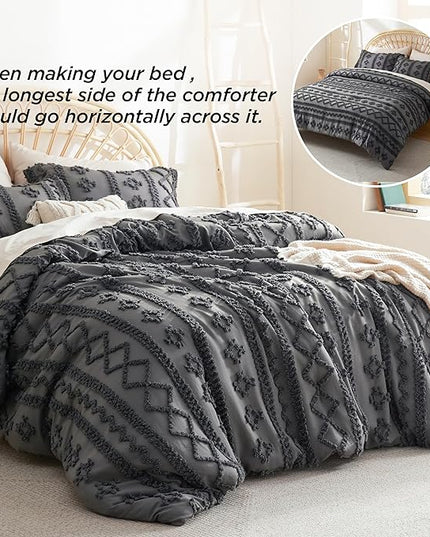 Bedsure Tufted Boho Comforter Set King - Dark Grey Boho Bedding Comforter Set, 3 Pieces Farmhouse Shabby Chic Embroidery Bed Set, Soft Jacquard Comforter for Women Men Girls - LeafyLoom