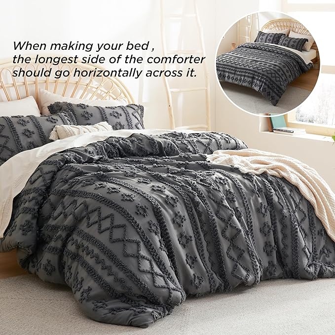 Bedsure Tufted Boho Comforter Set King - Dark Grey Boho Bedding Comforter Set, 3 Pieces Farmhouse Shabby Chic Embroidery Bed Set, Soft Jacquard Comforter for Women Men Girls - LeafyLoom