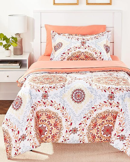 Amazon Basics Lightweight Microfiber Bed-in-a-Bag Comforter 5-Piece Bedding Set, Twin/Twin XL, Coral Medallion, Printed - LeafyLoom