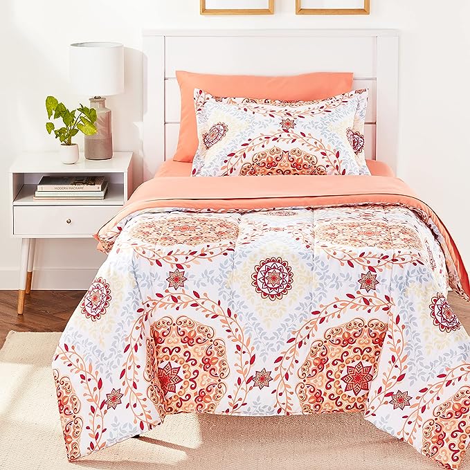 Amazon Basics Lightweight Microfiber Bed-in-a-Bag Comforter 5-Piece Bedding Set, Twin/Twin XL, Coral Medallion, Printed - LeafyLoom