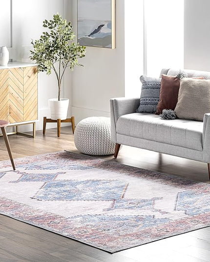 nuLOOM Olga Machine Washable Distressed Vintage Medallion Ultra Thin Area Rug, 8' x 10', Blue - LeafyLoom