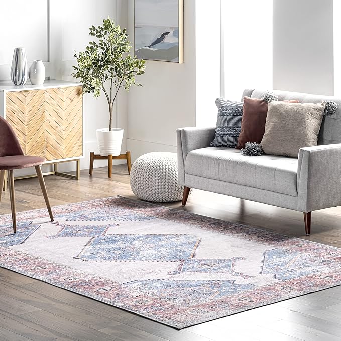 nuLOOM Olga Machine Washable Distressed Vintage Medallion Ultra Thin Area Rug, 8' x 10', Blue - LeafyLoom