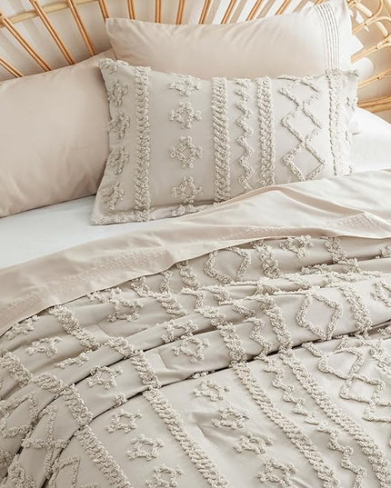 Bedsure Tufted Boho Comforter Set California King - Linen Boho Bedding Comforter Set, 3 Pieces Farmhouse Shabby Chic Embroidery Bed Set, Soft Jacquard Comforter for Women Men Girls - LeafyLoom