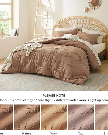 Bedsure King Size Comforter Set Taupe, Boho Tufted Bedding Comforter Set, Farmhouse Jacquard Solar Pattern Bed Set, 3 Pieces, 1 Shabby Chic Fluffy Comforter & 2 Pillow Shams - LeafyLoom