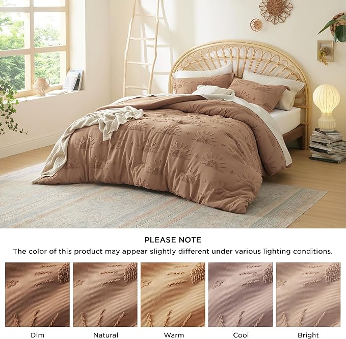 Bedsure King Size Comforter Set Taupe, Boho Tufted Bedding Comforter Set, Farmhouse Jacquard Solar Pattern Bed Set, 3 Pieces, 1 Shabby Chic Fluffy Comforter & 2 Pillow Shams - LeafyLoom