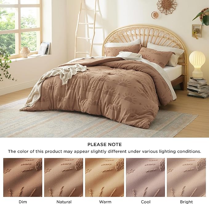 Bedsure Twin/Twin XL Size Comforter Set Taupe, Boho Tufted Bedding Comforter Set, Farmhouse Jacquard Solar Pattern Bed Set, 2 Pieces, 1 Shabby Chic Fluffy Comforter & 1 Pillow Sham - LeafyLoom