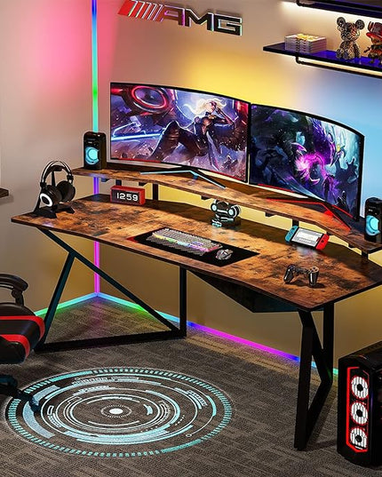 70.9" Large Computer Desk Home Office Desk Wing-Shaped Gaming Studio Desk, Rustic Brown - LeafyLoom