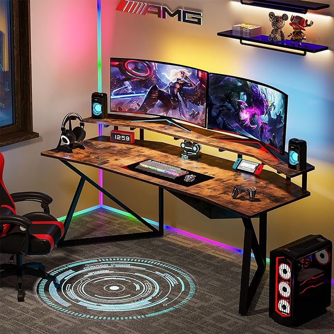 70.9" Large Computer Desk Home Office Desk Wing-Shaped Gaming Studio Desk, Rustic Brown - LeafyLoom