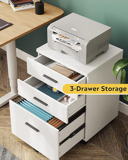 DEVAISE 3 Drawer File Cabinet for Home Office, Wood Under Desk Filing Cabinet, Rolling Printer Stand with Wheels, White - LeafyLoom