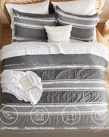 Bedsure Boho Comforter Set Queen - Dark Grey Jacquard Bedding Comforter Set, 3 Pieces Farmhouse Shabby Chic Embroidery Bed Set, Soft Fluffy Tufted Striped Comforter for All Seasons - LeafyLoom