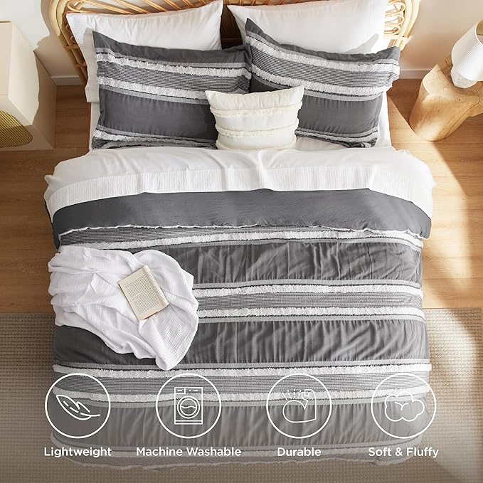 Bedsure Boho Comforter Set Queen - Dark Grey Jacquard Bedding Comforter Set, 3 Pieces Farmhouse Shabby Chic Embroidery Bed Set, Soft Fluffy Tufted Striped Comforter for All Seasons - LeafyLoom