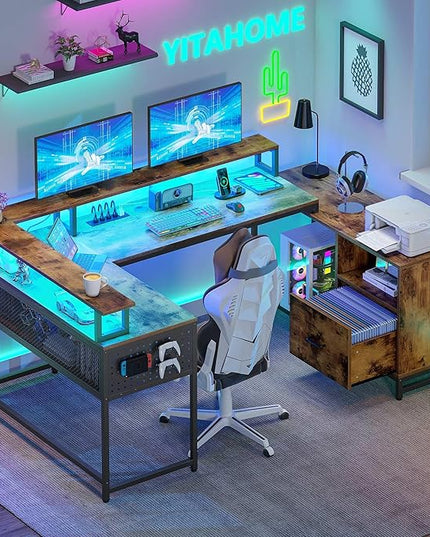 YITAHOME U Shaped Desk, L Shaped Desk with Drawers, Reversible Computer Desk with Power Outlets & LED Lights, Corner Desk Office Desk with Monitor Stand & Storage Shelves, Rustic Brown - LeafyLoom