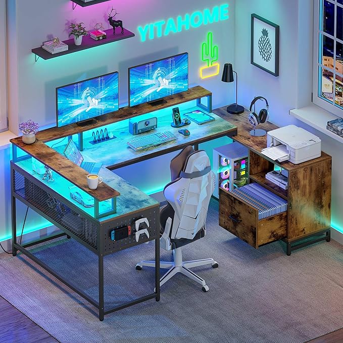 YITAHOME U Shaped Desk, L Shaped Desk with Drawers, Reversible Computer Desk with Power Outlets & LED Lights, Corner Desk Office Desk with Monitor Stand & Storage Shelves, Rustic Brown - LeafyLoom