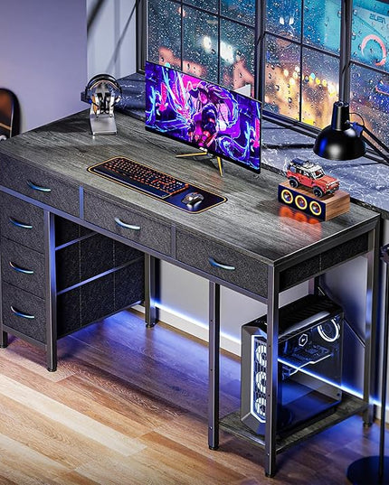 Computer Desk with 6 Drawers, 47 Inch Office Desk with Shelves, Reversible Gaming Desk, Corner Desk with Storage, Work Desk for Home Office, Study, Living Room, Gray - LeafyLoom
