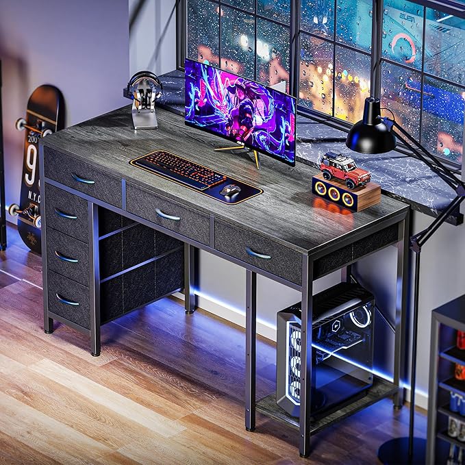 Computer Desk with 6 Drawers, 47 Inch Office Desk with Shelves, Reversible Gaming Desk, Corner Desk with Storage, Work Desk for Home Office, Study, Living Room, Gray - LeafyLoom