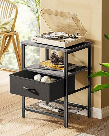 Nightstand Set of 2, Night Stand with Fabric Drawer, Mesh Shelf, Side Table with Storage, Fabric Drawer Dresser, Open Shelf, Metal Frame, Bedroom, Charcoal Gray - LeafyLoom