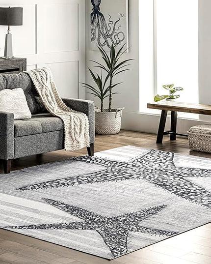 nuLOOM Starfish and Stripes Machine Washable Ultra Thin Area Rug, 5' x 8', Light Grey - LeafyLoom