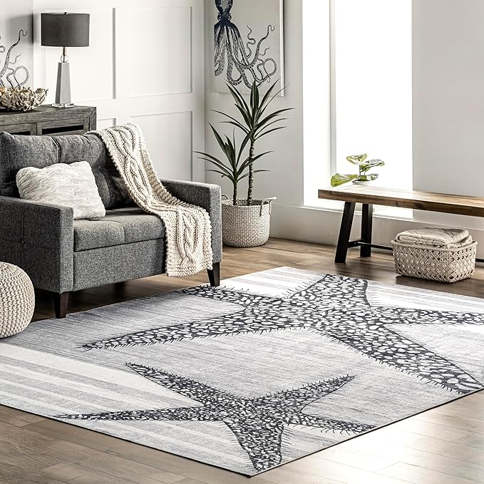 nuLOOM Starfish and Stripes Machine Washable Ultra Thin Area Rug, 5' x 8', Light Grey - LeafyLoom
