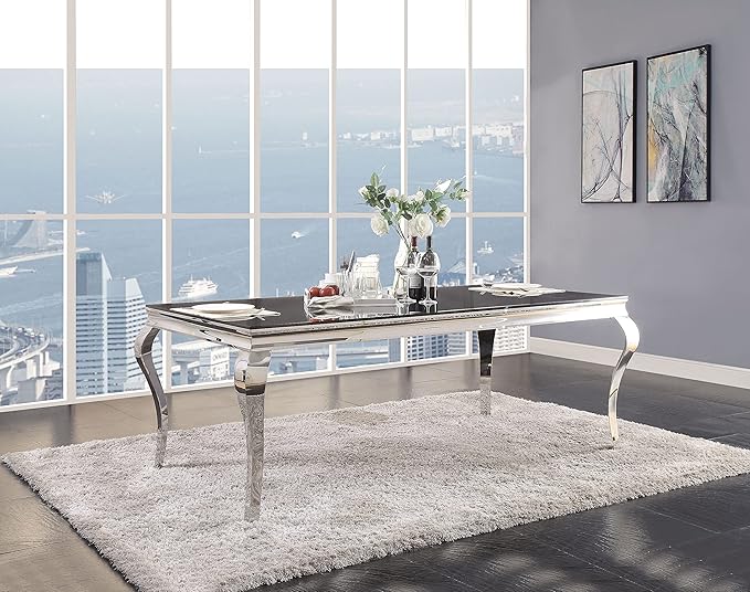 NicBex Dining Table Contemporary Kitchen Table Farmhouse Rustic Dining Table in Stainless Steel & Black Glass Rectangular Dining Table, Easy Assembly, Black - LeafyLoom