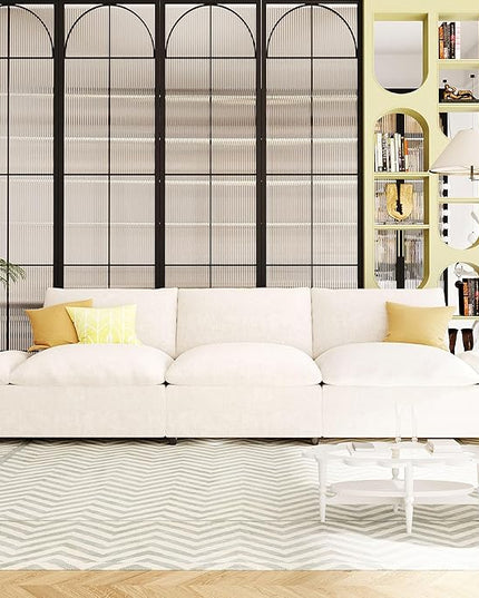 Morden Soft Linen Upholstered 3 Seater Cloud Sofa Couch Super Deep Seat Sleeper Sofa&Couch with Removable Back Cushions and Storage Armrests for Living Room, Apartment, Office, 119.5", Beige-402 - LeafyLoom