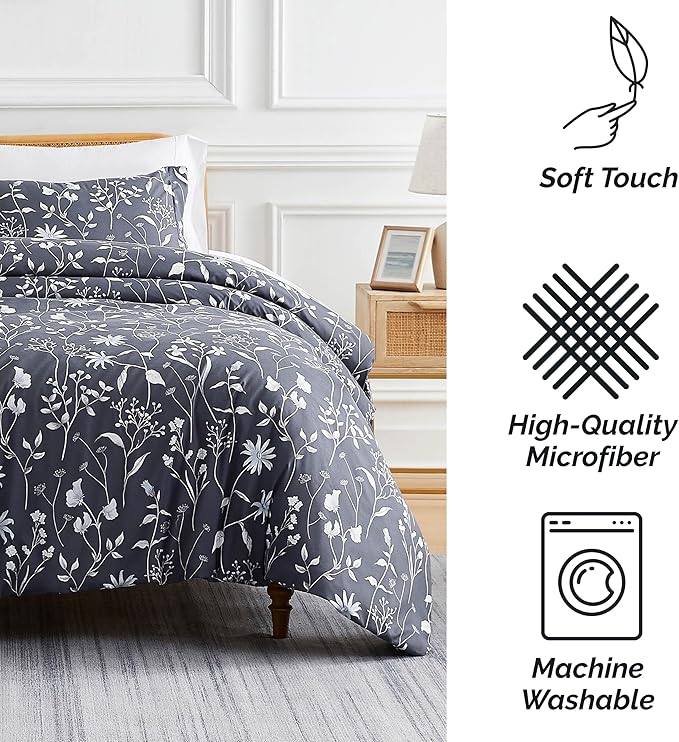 Southshore Fine Living, Inc. 3-Piece Full/Queen Comforter Set, Down Alternative All-Season Floral Comforter with Matching Shams, Soft Microfiber Bedspread, Full or Queen Bed, Secret Meadow Blue - LeafyLoom