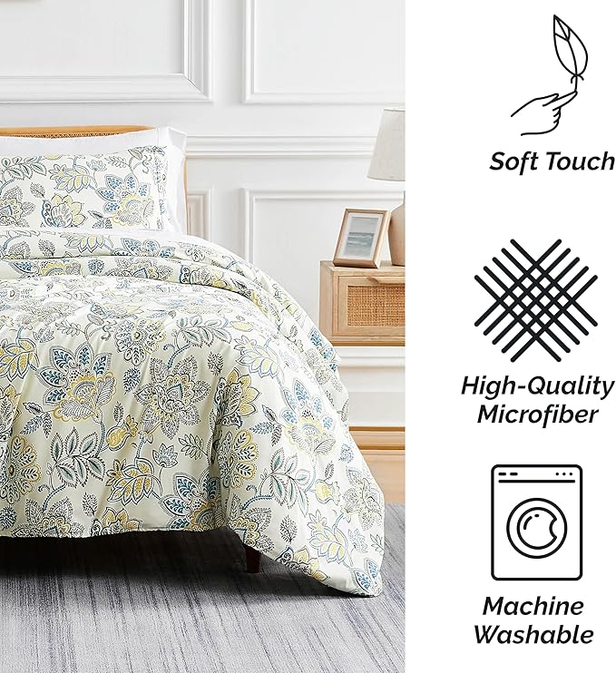 Southshore Fine Living, Inc. Wanderlust Oversized Twin Comforter Set, Down Alternative Boho Bedspread, Victorian Print Comforter, Twin or Twin XL Comforter with Matching Sham, Cream Floral Print - LeafyLoom