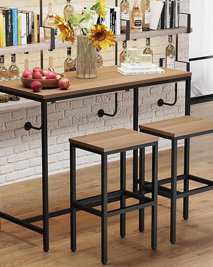 Yongchuang 3 Piece Bar Table Set, Bar Table and Chairs Set of 2, Modern Counter Height Table with 2 Stools for Kitchen, Dining Room, Living Room Breakfast Table Industrial Brown Wood Top - LeafyLoom