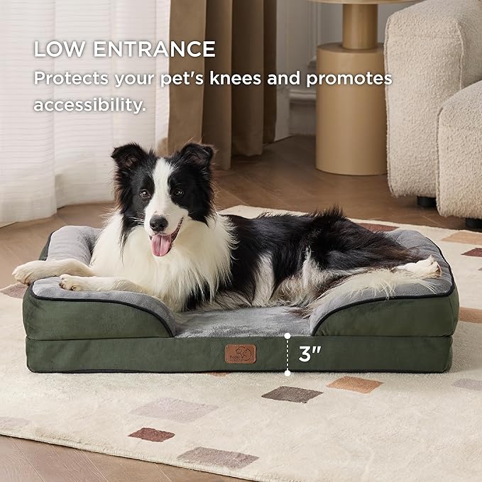 Bedsure Orthopedic Dog Bed for Large Dogs - Big Washable Dog Sofa Beds Large, Supportive Foam Pet Couch Bed with Removable Washable Cover, Waterproof Lining and Nonskid Bottom, Dark Green BEDSURE