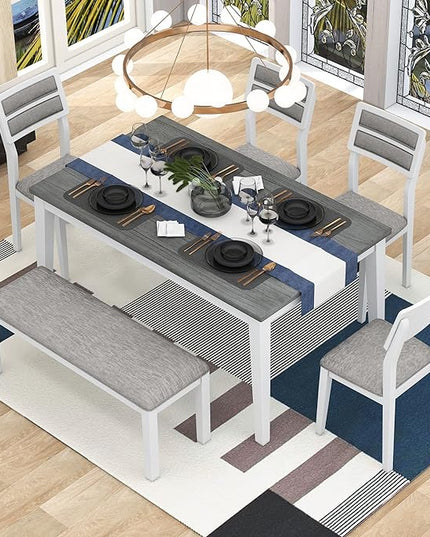Dining Table Set for 6, Classic and Traditional Style 6-Piece Dining Room Table Set with Backrest, Kitchen Table with 4 Upholstered Chairs & Bench, White+Gray - LeafyLoom