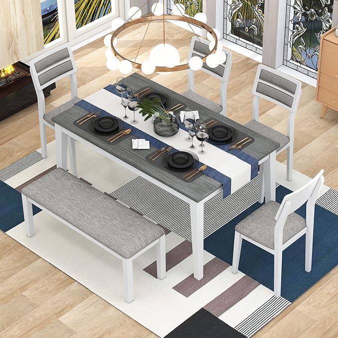 Dining Table Set for 6, Classic and Traditional Style 6-Piece Dining Room Table Set with Backrest, Kitchen Table with 4 Upholstered Chairs & Bench, White+Gray - LeafyLoom