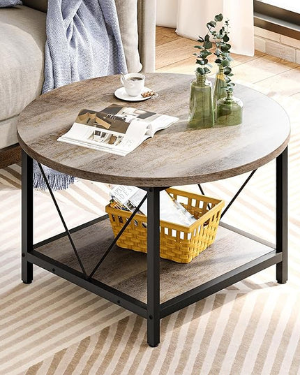 YITAHOME Round Coffee Table,Rustic Wood Coffee Tables for Living Room with Storage Shelf, Modern Farmhouse Circle Coffee Table Center with Sturdy Metal Legs Home Furniture, Grey Wash - LeafyLoom