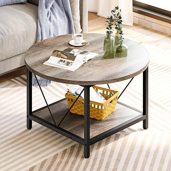 YITAHOME Round Coffee Table,Rustic Wood Coffee Tables for Living Room with Storage Shelf, Modern Farmhouse Circle Coffee Table Center with Sturdy Metal Legs Home Furniture, Grey Wash - LeafyLoom