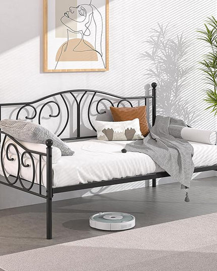 VECELO Twin Daybed Frame, Metal Day Bed with Classic Headboard, Multifunctional Platform Beds for Bedroom, Living Room, Guest Room, No Boxing Spring Needed, Black - LeafyLoom