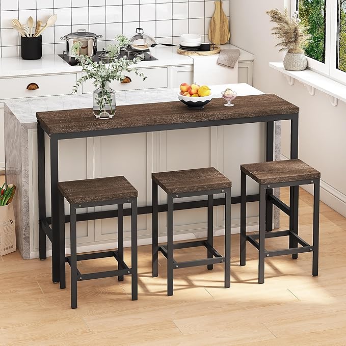 NicBex Kitchen Table Set Dining Room Table Set Modern Design Kitchen Dining Table, Pub Table, Long Dining Table Set with 3 Stools for Kitchen, Apartment, Easy Assembly, Dark Brown - LeafyLoom