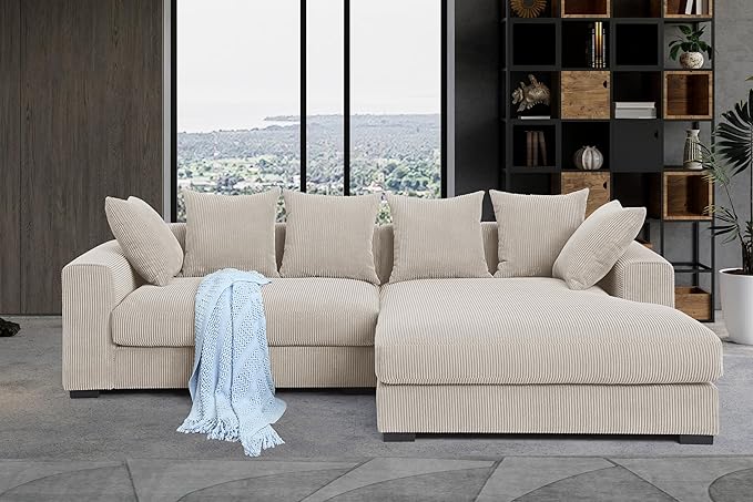 110" Modern L-shaped Sectional Sofa with Big Chaise,Upholstered Sleeper Couch W/ 6 Throw Pillows & Generously Armrests,Easy Assembly,Spacious Loveseat for Living Room Apartment Home,Beige - LeafyLoom