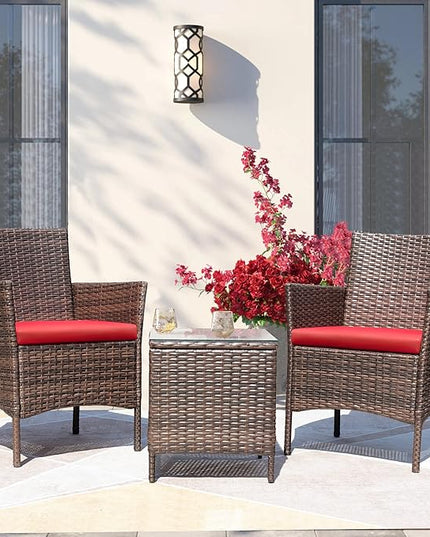 Greesum 3 Pieces Patio Furniture Sets Outdoor PE Rattan Wicker Chairs with Soft Cushion and Glass Coffee Table for Garden Backyard Porch Poolside, Brown and Red - LeafyLoom