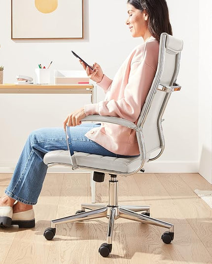 Amazon Basics Executive Modern Office High-Back Adjustable Rolling Computer Desk Chair with Armrests, 360 Swivel, 330 Pound Capacity, Chrome, Stunning White Faux Leather, 23.9"D x 24.69"W x 41.5"H - LeafyLoom