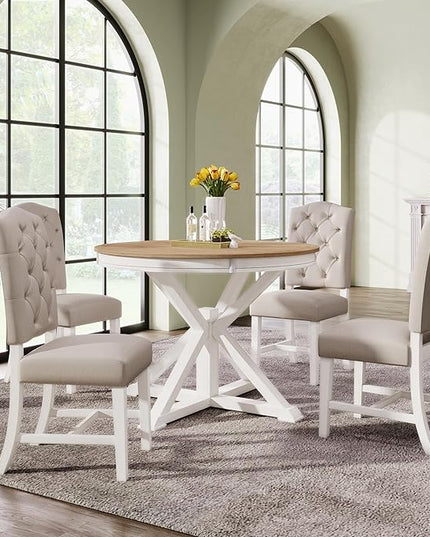 Small Dining Table Set for 4-6, Modern Round Extendable Table and Upholstered Chairs, X-Shaped Cross Base, Button Tufting Backrest, Retro Style Home Furniture for Small Spaces, Living Room - LeafyLoom