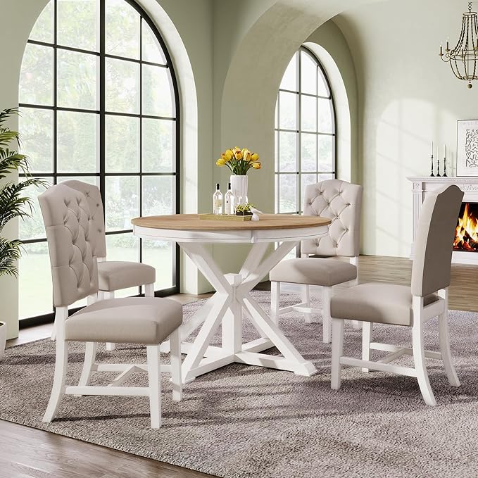 Small Dining Table Set for 4-6, Modern Round Extendable Table and Upholstered Chairs, X-Shaped Cross Base, Button Tufting Backrest, Retro Style Home Furniture for Small Spaces, Living Room - LeafyLoom